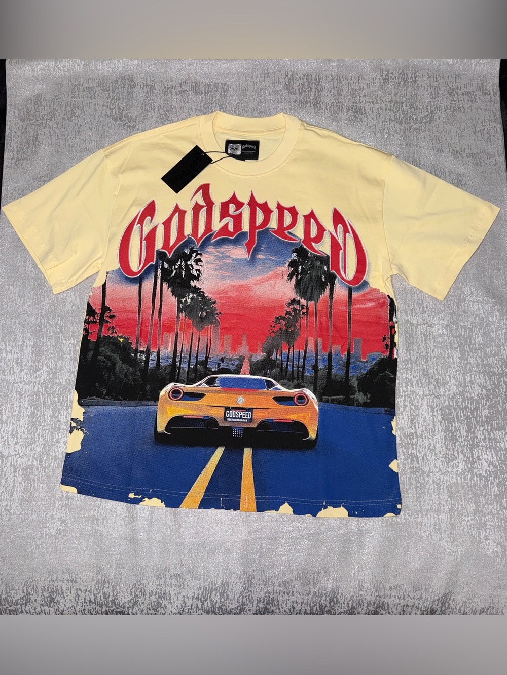 Godaspeed Yellow Graphic Tee with Palm-Tree Sunset Print
